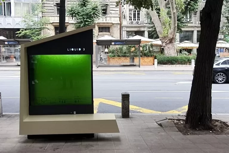 The "liquid tree" in Belgrade, Serbia. These tanks of photosynthetic algae could provide a source of cleaner air in cities where there is no space for trees to be planted. VLADIMIR ZIVOJINOVIC FOR UNDP SERBIA